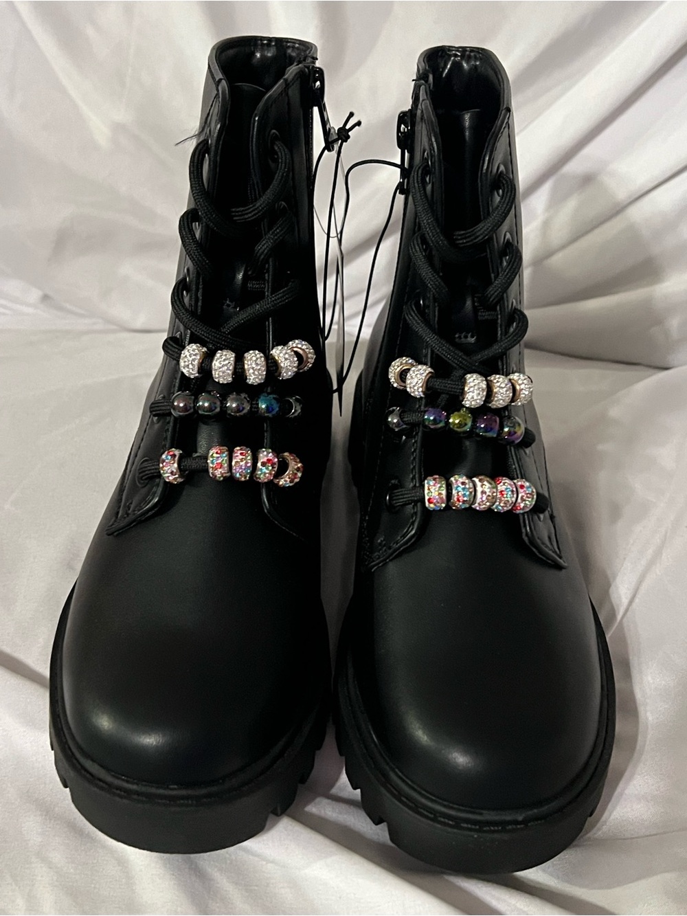 art class Black Combat Boots with Rhinestone & Multicolor Bead Accents